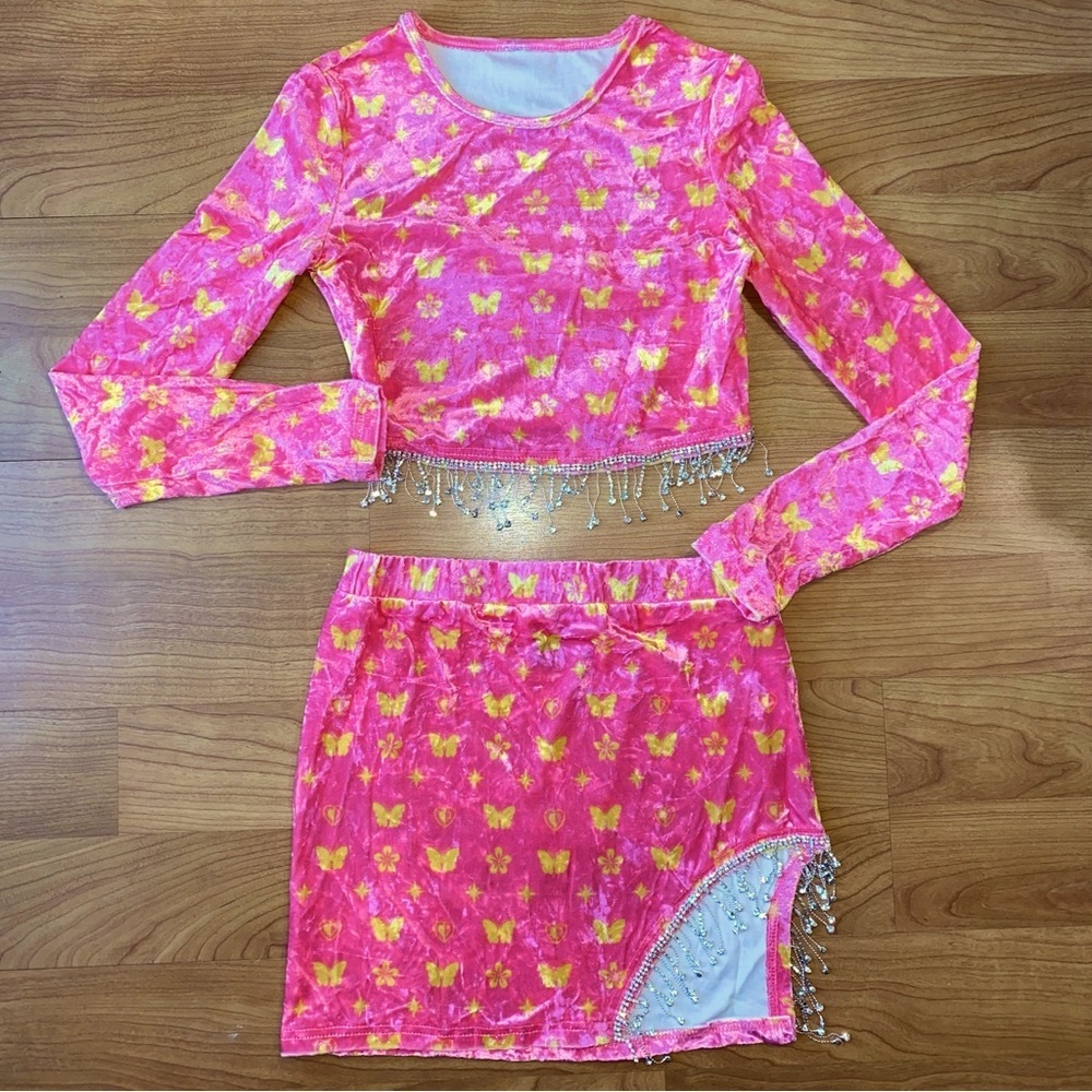 Y2K Pink Velvet Butterfly Long Sleeve Crop Top & Skirt Set